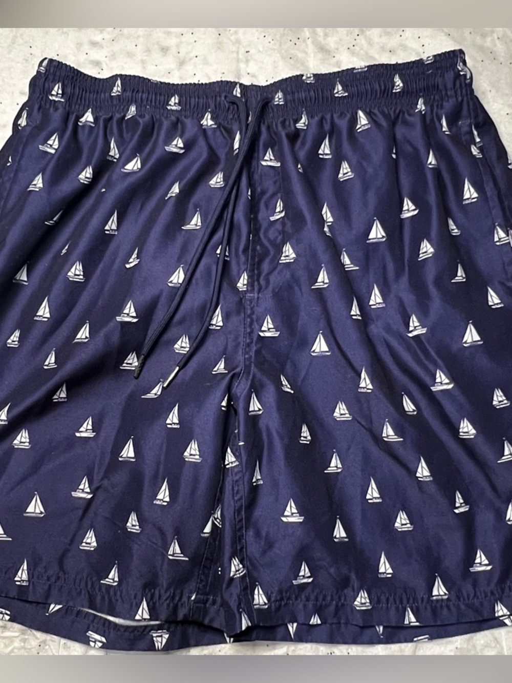 Spicy Tune - Men’s Navy Sailboat Print Swim Trunks